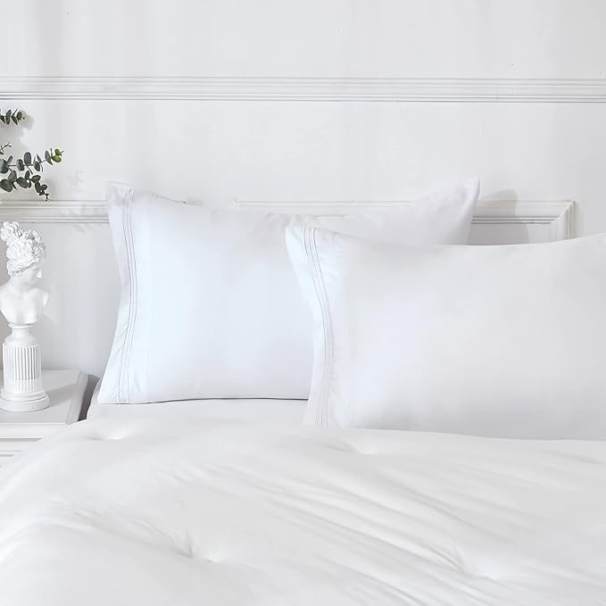 YIYEA King Pillow Cases Set of 4, Ultra Soft 1800TC Hotel Quality Double Brushed Microfiber Embroidered Pillowcases, Envelope Closure, Fade Resistant (20"x36", White)