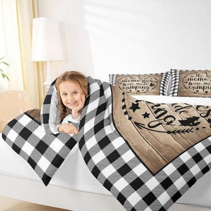 Happy Camping Comforter Set King Size,Camper RV Trailer Decor Bedding Set 3pcs for Kids Boys Girls Adults,Rustic Wooden Plank Geometric Grids Down Comforter,Brown Retro Duvet Insert,2 Pillowcases