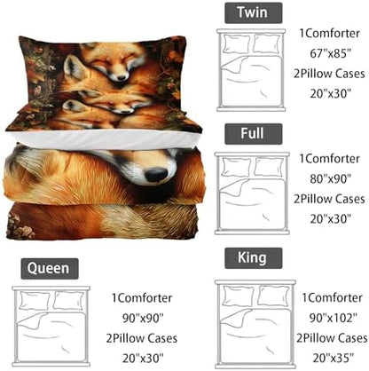 Nttopship Fox Comforter Set 3-Pieces King Size,Cute Foxes Bedding Set for Kids Boys Girls Cute Animal Comforter Wildlife Quilt Set 3D Animal Plants Leaves Printed ThemeComforter with 2 Pillowcases