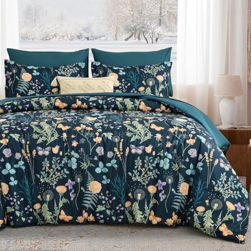 Yiran California King Comforter Set Peacock Blue, 7 Piece Summer Floral Comforters Bedding Set, Oversized King Bed in a Bag with Flowers Soft Lightweight Complete Set with Sheets for All Season