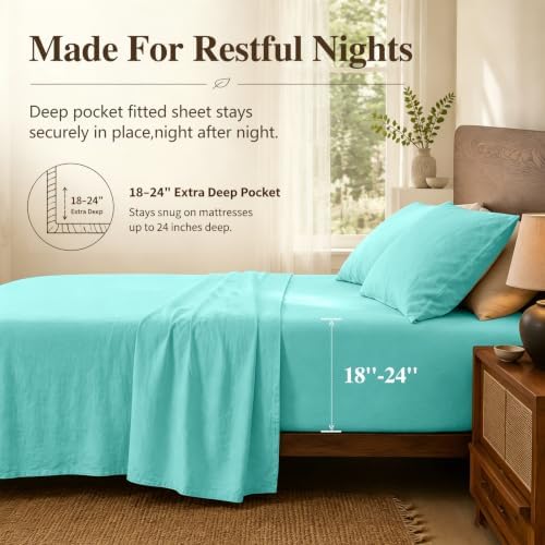 MEISHANG 100% French Linen Sheets King,4 Pcs,18-24" Extra Deep Pocket
