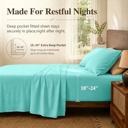 MEISHANG 100% French Linen Sheets Queen,4 Pcs,18-24" Extra Deep Pocket
