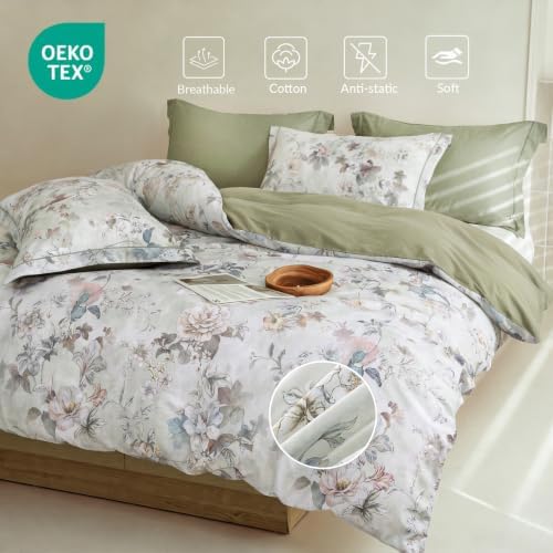 King Comforter Set 3 Pieces, 100% Cotton Vintage Floral Bedding Set for All‑Season, Soft Breathable Reversible Comforter with 2 Pillow Shams