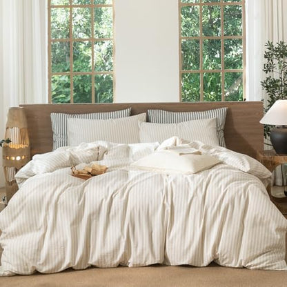 MooMee Striped Duvet Cover Set 100% Washed Cotton Linen Like Queen