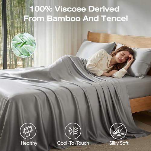 100% Real Bamboo Viscose & Lyocell Tencel Sheets Set King Size | Breathable & Cooling for Hot Sleeper | Luxury Silky Soft Fabric | 18" Deep Pocket with Corner Straps (Charcoal, King)