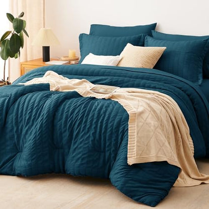 CozyLux Queen Comforter Set, 7 Pieces Lyons Blue Seersucker Bed in a Bag