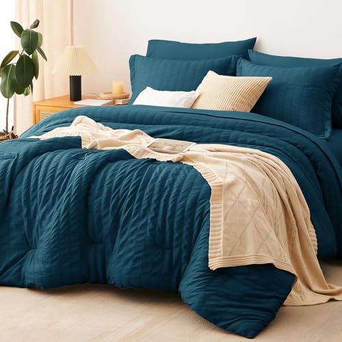 CozyLux Full Size Comforter Set 7 Pieces Lyons Blue Seersucker Bed in a Bag