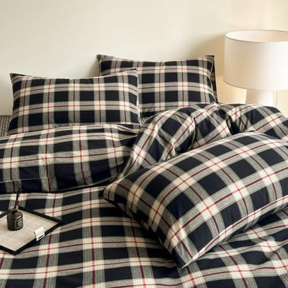 Mucalis Black Buffalo Plaid Duvet Cover Queen Size 100% Washed Cotton Green Red Gingham Duvet Cover Vintage Checkered Duvet Cover Set Retro 3 Piece Grid Bedding Set with Zipper Closure 4 Corner Ties