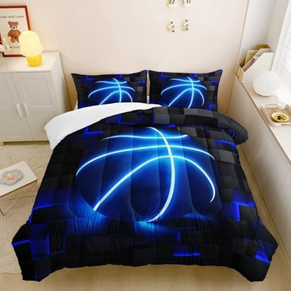 3Pcs Football Comforter Set Twin Size for Teen Boys Girls,Soccer Quilt Set,Blue Black Honeycomb Comforter Set, 3D Geometric Grid Theme Ball Sport Bedding Set