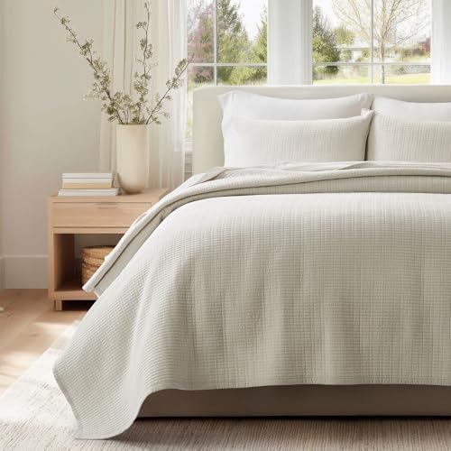 EverGrace 100% Cotton Modern Grid Stitch Quilt Set, King Size, Birch