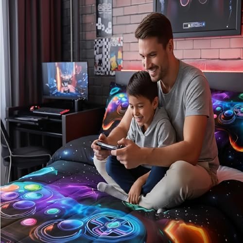 Erosebridal Game Consoles Gaming Bedding Set Queen Gamer Gifts,Gaming Comforter Sets for Boys Space Glow Geometric Kids Comforter Sets Boys Red Green Blue Teal,Game Room Decor Kids Bedroom Decor