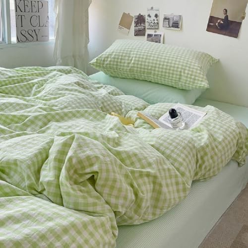 LifeTB Queen Comforter Set Green Gingham Bedding Comforter Set 3 Pieces Brown Grid Bed Comforter with 2 Pillowcases Vintage Checkered Plaid Comforter Fluffy Soft Farmhouse Grid Bedding Set