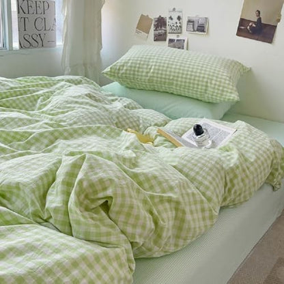 LifeTB Queen Comforter Set Green Gingham Bedding Comforter Set 3 Pieces Brown Grid Bed Comforter with 2 Pillowcases Vintage Checkered Plaid Comforter Fluffy Soft Farmhouse Grid Bedding Set