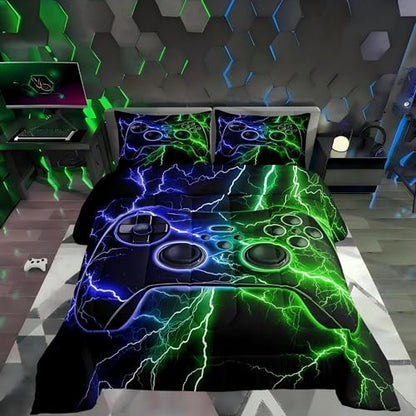 Erosebridal Gamer Comforter Set Gaming Girl Toddler Bedding Set, Game Boy Games Comforter Blue Green Lightning Quilt,Kids Room Decor