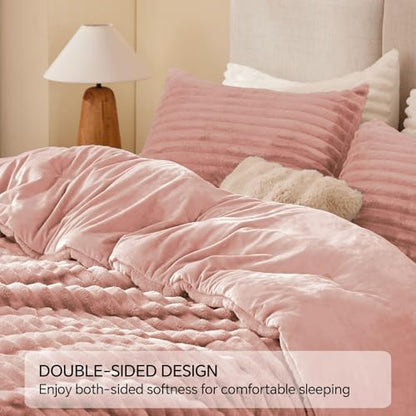 BEDELITE Fleece Full Comforter Set, Fluffy Bed Set, Dusty Pink