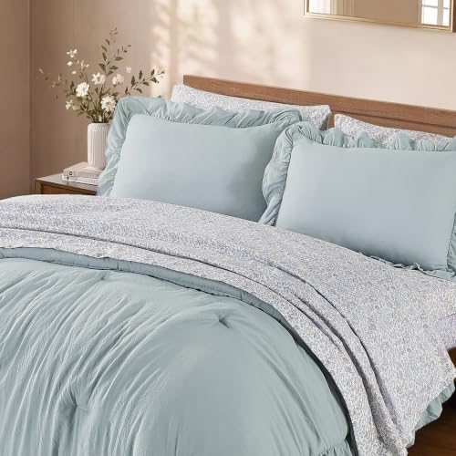 BLOOMHAVEN King Size Comforter Set-7 Pieces Ruffle Bedding Floral Sheet