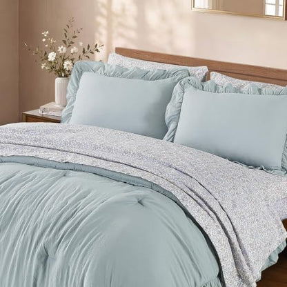 BLOOMHAVEN King Size Comforter Set-7 Pieces Ruffle Bedding Floral Sheet