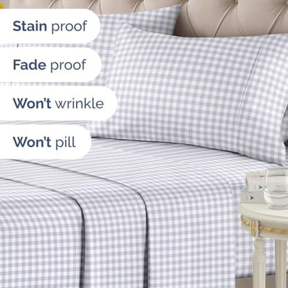 King 4 Piece Striped Sheet Set - Soft, Breathable & Cooling - Grey Gingham