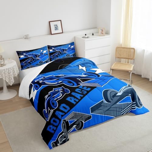 Erosebridal King Size Race Car Comforter Set for Boys Sports Car Bedding Set Cool Racing Car Bed Set for Boys Girls Kids Adult,Black Blue Race Cars Gaming Bedding Sets Car Bedroom Decor 3Pcs