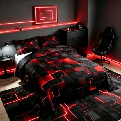 Erosebridal Black and Red Comforter Set Twin Neon Geometric Checkered Bedding Set Gamer Room Decor for Boys,Abstract Grids Quilt Comforter for Kids Teen Men Plaid Check Bed Set 2 Pcs