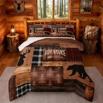 Cabin Home Comforter Sets King Size Hunting Bear Deer Animals Theme Quilted Duvet 3pcs for Boys Men Teens Kids Bedroom Decor Brown Wooden Rustic Farmhouse Style Bedding Sets Patchwork Plaid Bedspread