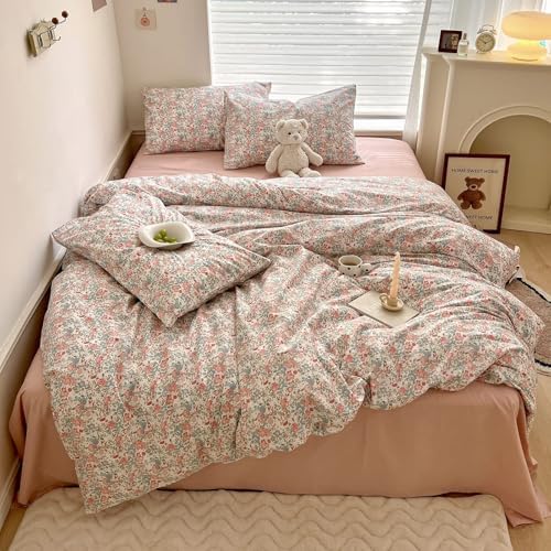 LifeTB Queen Size Comforter Set Boho Pink Floral Bedding Comforter with 2 Pillowcases Vintage Garden Style Boho Comforter for Queen Bed Cute Flower Bedding Fluffy Cottagecore Botanical Comforter Set