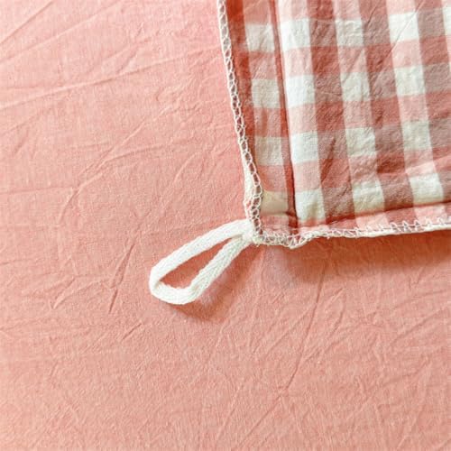 Mucalis Pink Gingham Duvet Cover Queen 100% Washed Cotton Light Pink Tan Plaid Checkered Duvet Cover Set Vintage 3 Piece Grid Bedding Set with Zipper Closure Corner Ties,Durable,Breathable,Easy Care
