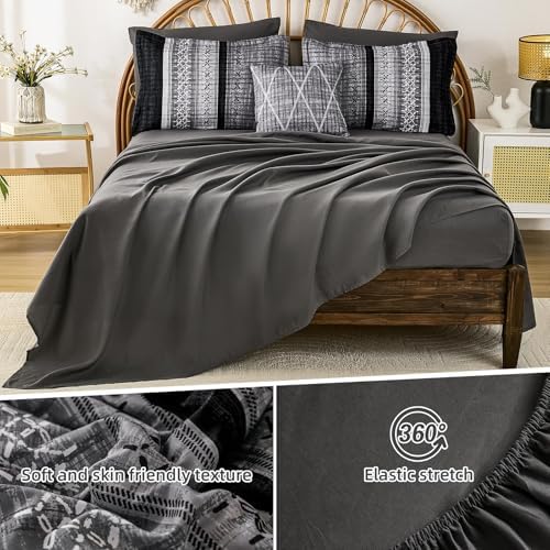 Dintszyayue Black Comforter Set Full Size, 8 Pieces Boho Striped Bed in a Bag Soft Microfiber Bedding Set for All Season