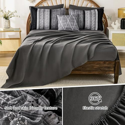 Dintszyayue Black Comforter Set Full Size, 8 Pieces Boho Striped Bed in a Bag Soft Microfiber Bedding Set for All Season