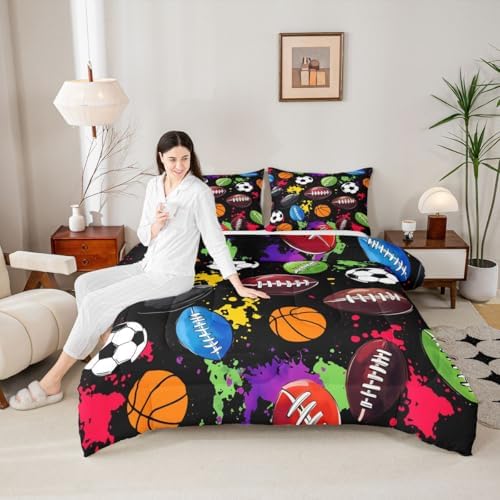 jejeloiu Sports Theme Kids Comforter Set Toddler Size Soccer Basketball Baseball Football Bedding Set Ball Games Duvet Quilt for Kids Boys Girls Bedroom Splash Ink Ball Games Decor Microfiber Ultra