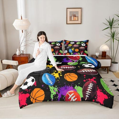 jejeloiu Sports Theme Kids Comforter Set Toddler Size Soccer Basketball Baseball Football Bedding Set Ball Games Duvet Quilt for Kids Boys Girls Bedroom Splash Ink Ball Games Decor Microfiber Ultra