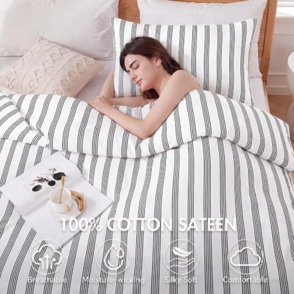Bedbay Striped Queen Duvet Cover Set, 100% Cotton 300TC Sateen, Black White Stripe Bedding, Soft Smooth Breathable Hotel-Inspired Set, 3 Pieces with Zipper & 8 Corner Ties