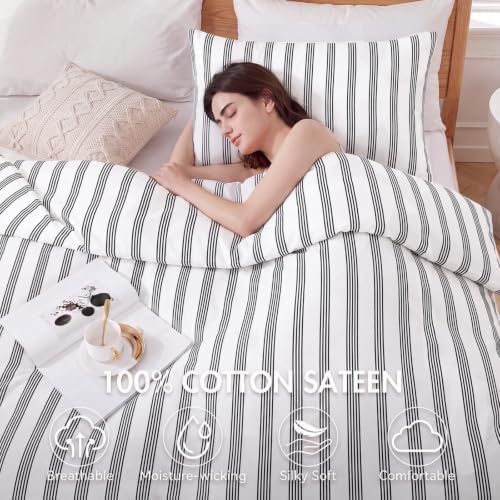 Bedbay Striped Duvet Cover Set King Size, 100% Cotton 300TC Sateen, Black Pinstripe Bedding, Soft Smooth Breathable Hotel-Inspired Set, 3 Pieces