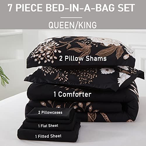 Yogeneg 7 Piece Bed in a Bag King Size Comforter Set Botanical Floral Bedding Set,White Flower Leaves Printed on Black Reversible Design,Soft Microfiber Comforter with Sheet Set,All Season(Black,King)