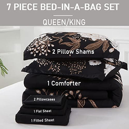 Yogeneg 7 Piece Bed in a Bag Queen Comforter Set Botanical Floral Bedding Set,White Flowers Leaves Printed on Black Reversible Design,Soft Microfiber Comforter with Sheet Set,All Season