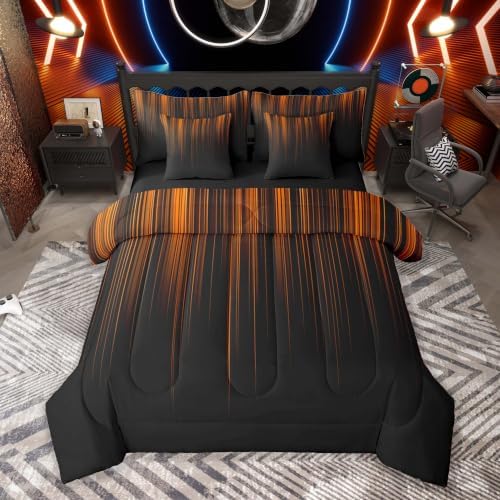 Feelyou Neon Orange Twin Comforter Set with Sheets for Kids Boys Girls Geometric 7 Pieces Bedding Set Ombre Bed in a Bag Room Decor Soft Lightweight Microfiber