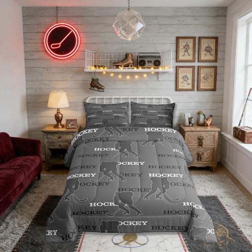Manfei Hockey Players Kids Comforter Set Queen Size, Bedding Set,Girls Boys Room Decor,Ball Activity Game Quilt Comforter,Gray Duvet Set Bedroom Quilt Set,2 Pillowcases