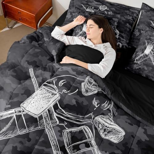 Erosebridal Ice Hockey Bedding King - Winter Event Ball Games Comforter Sets with Sheets, Sports Game Lovers Bed-in-A-Bag Teen Kids Hockey Decor for Boys Bedroom (Camo Black)
