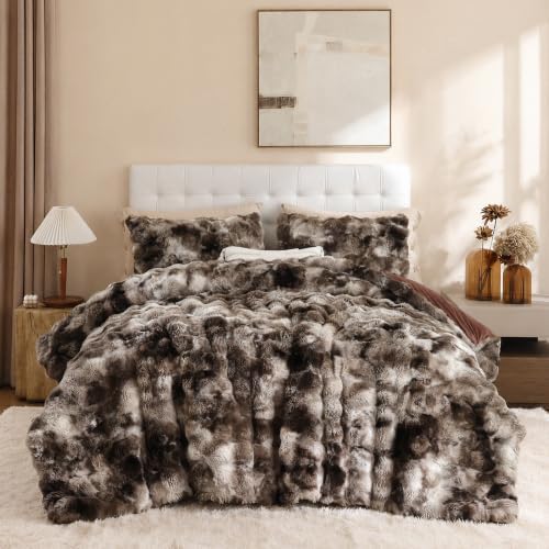 YIKUSH Queen Faux Fur Soft Comforter Set, Fluffy Bedding Set, Tiedye Coffee