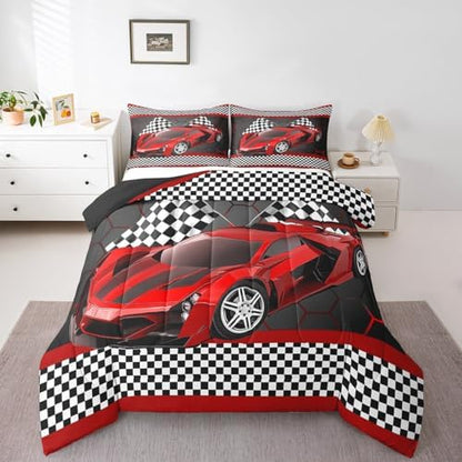 Feelyou Race Car Comforter Set for Kids Boys Black White Checkered Flag