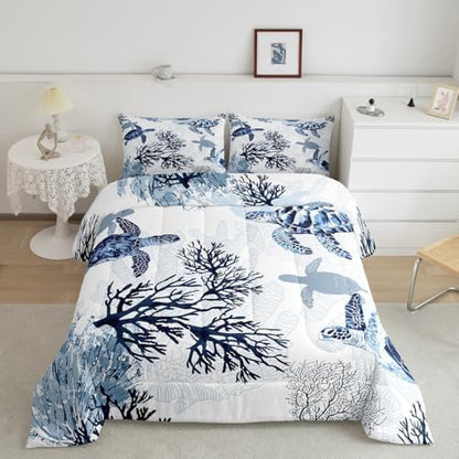 Erosebridal Hawaiian Turtle Bedding Set King Size Retro Sea Turtle Comforter, Reptile Tortoise Duvet Quilt Set for Boys Girls White Blue Coastal Beach Theme Marine Life Bedroom Decor