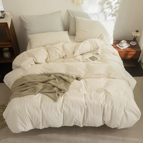 FOSSA Striped Duvet Cover Set Washed Cotton Linen Feel Oversized King Plus