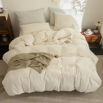 FOSSA Striped Duvet Cover Set Washed Cotton Linen Feel Oversized King Plus