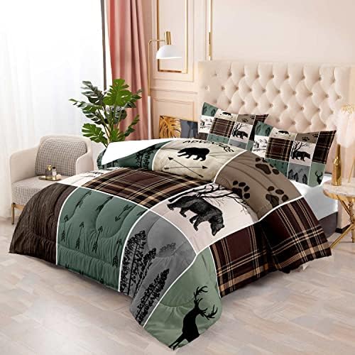 LUVIVIHOME 3PCS Rustic Cabin Comforter Set, Brown Plaid Patchwork Sage Green Queen Comforter, Black Bear Deer Elk Moose Woodland Forest Animal Wildlife Lodge Country Farmhouse Bedding, 2 Pillow Shams