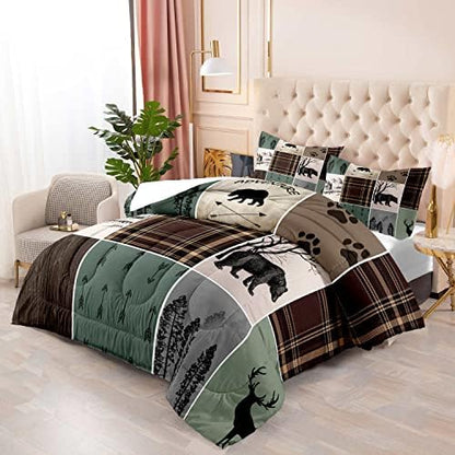 LUVIVIHOME 3PCS Rustic Cabin Comforter Set, Brown Plaid Patchwork Sage Green Queen Comforter, Black Bear Deer Elk Moose Woodland Forest Animal Wildlife Lodge Country Farmhouse Bedding, 2 Pillow Shams