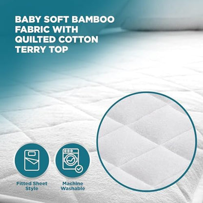 PlushDeluxe Pack and Play Mattress Protector, 39”x27”, Waterproof Playard Pack N Play Mini Crib Cover, Soft Viscose Made from Bamboo with Quilted Terry Cotton Top, Noiseless White Fitted Sheet Style