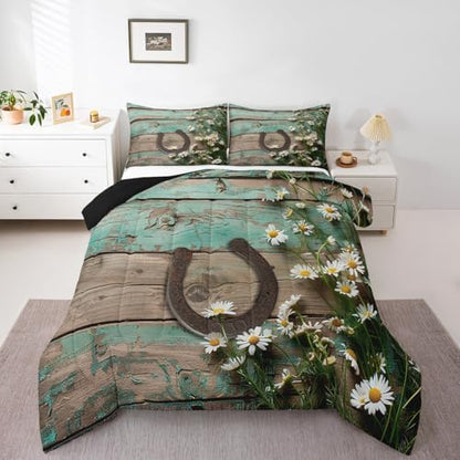 Rustic Farmhouse Bedding Set Teal Country Wooden Barn Door Down Comforter King Western Horseshoe Daisy Decor Comforter Set for Kids Boys Girls Teen Cowboys Cowgirls Quilt Duvet Sets 2 Pillow Cases