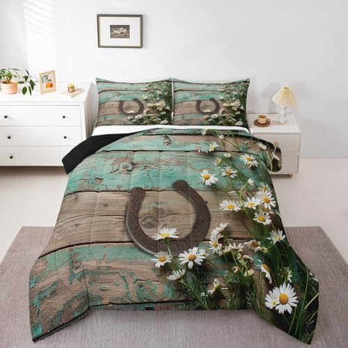 Rustic Farmhouse Bedding Set Teal Country Wooden Barn Door Down Comforter Full Western Horseshoe Daisy Decor Comforter Set for Kids Boys Girls Teen Cowboys Cowgirls Quilt Duvet Sets 2 Pillow Cases