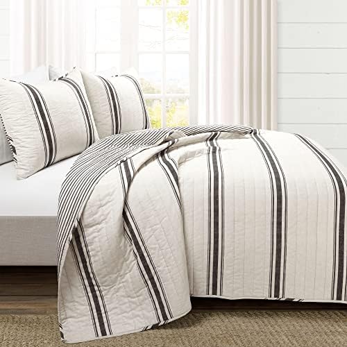 Lush Decor Farmhouse Stripe Reversible Cotton Quilt California King Size 3 Piece Set Black - Farmhouse Bedding Set - Cal King Quilt - Striped Bedding