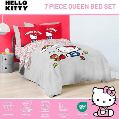 Sanrio Hello Kitty Queen Comforter Set 7 Piece Bedding for Girls, Grey